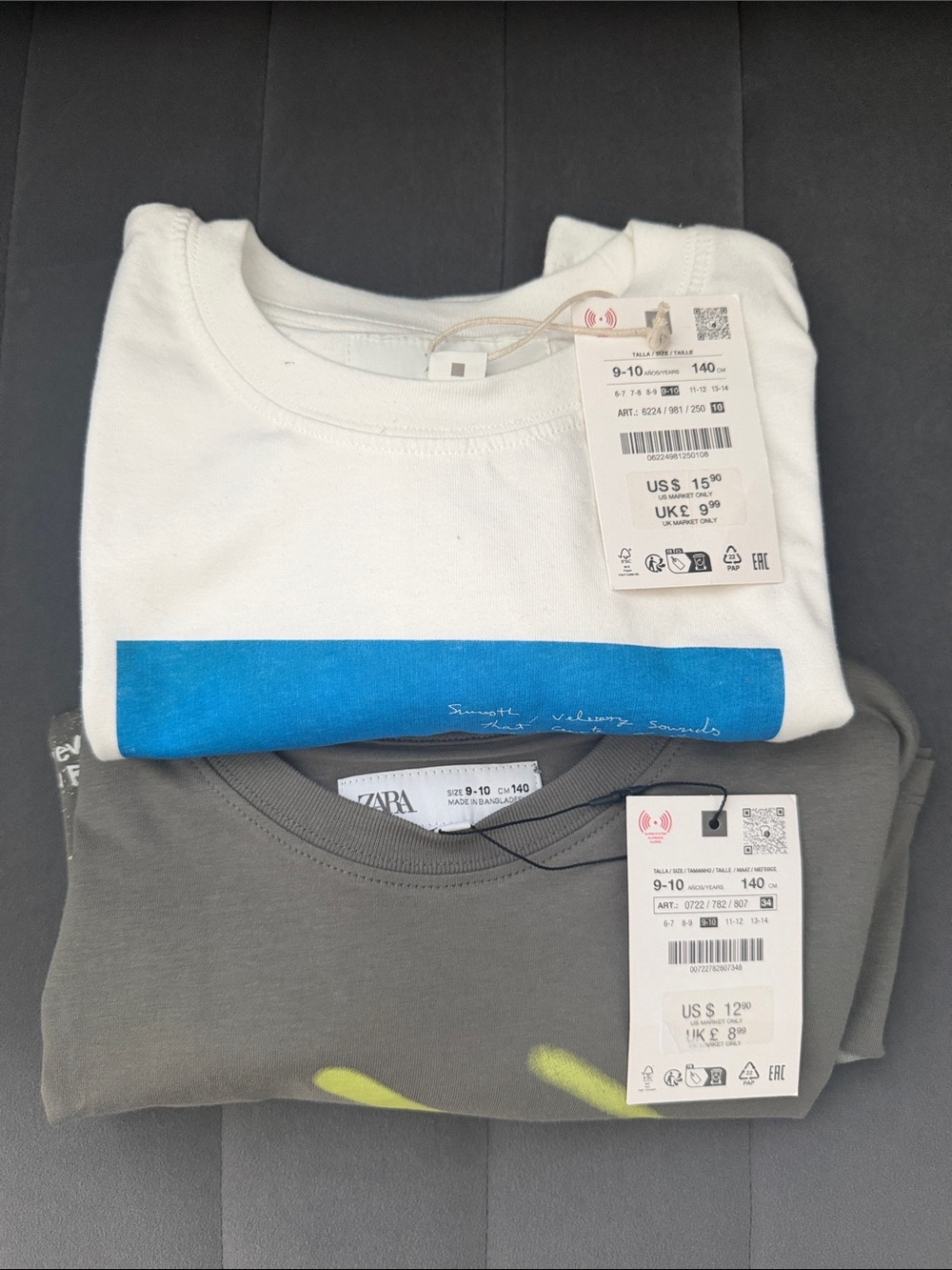 ZARA Kids Graphic Tee Duo - White, Gray & Blue Accent